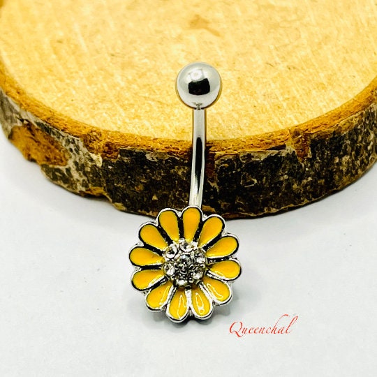 316L Surgical Steel 14G Yellow Sun Flower Belly Bar, Navel Ring Belly Piercing Jewellery