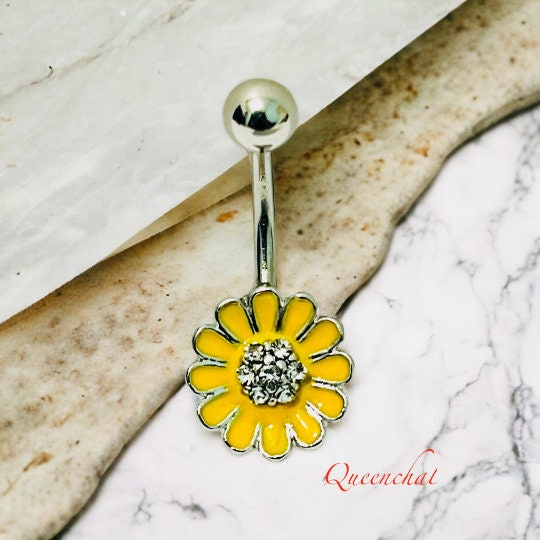 316L Surgical Steel 14G Yellow Sun Flower Belly Bar, Navel Ring Belly Piercing Jewellery