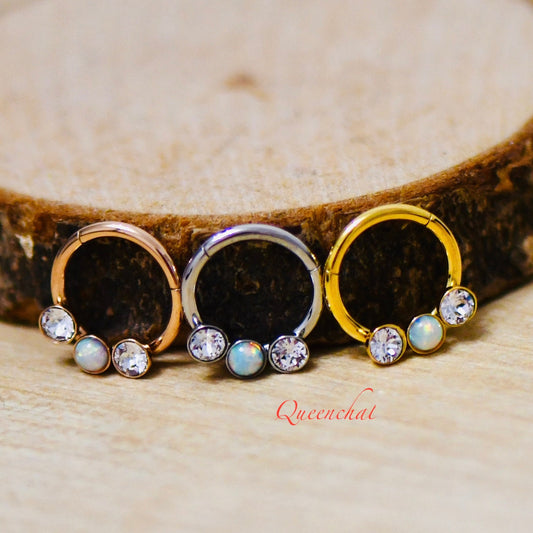 16G 316L S/S Eight Opal and CZ Hinged Segment Ring Septum Ring Nose Ring