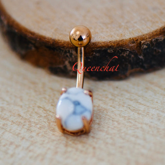 316L Surgical Steel 14G White Howlite Turquoise Belly Bar, Navel Ring Belly Piercing Jewellery Rose Gold Navel Bar