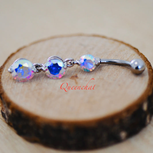 316L Surgical Steel 14G Aurora Borealis Dangling Belly Bar, Navel Ring Belly Piercing Jewellery Long Navel Ring