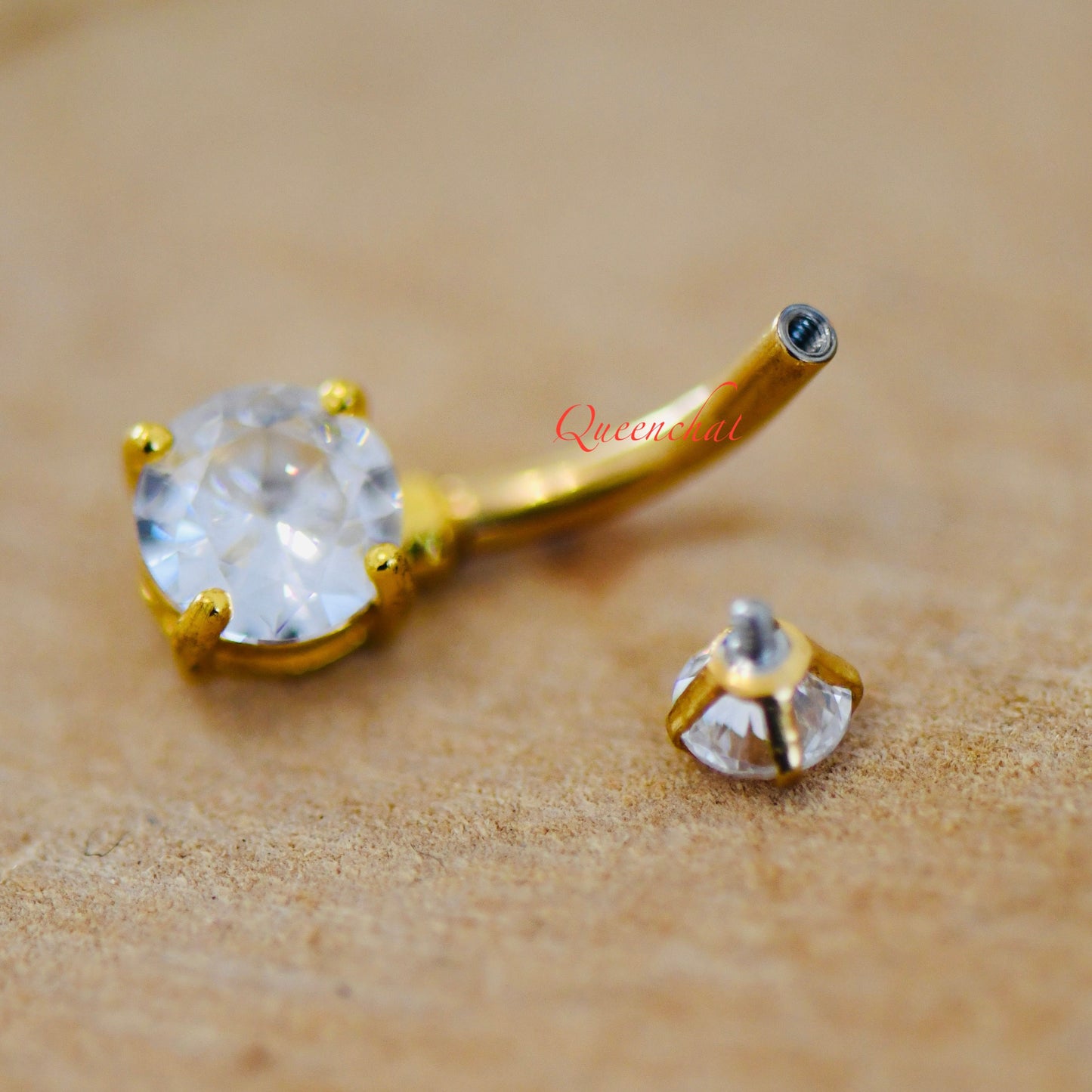 316L Surgical Steel 14G Internally Threaded CZ Belly Bar, Navel Ring Belly Piercing Jewellery Gold 8mm Navel Ring