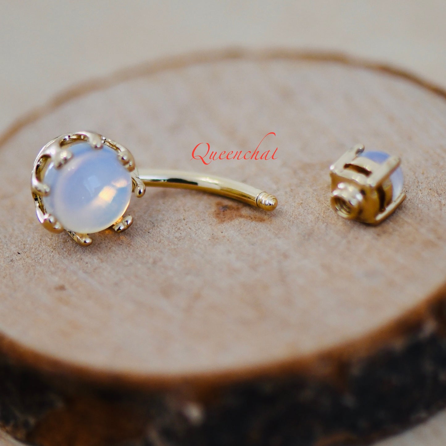 316L Surgical Steel 14G Moonstone Belly Bar, Navel Ring Belly Piercing Jewellery Gold Navel Ring