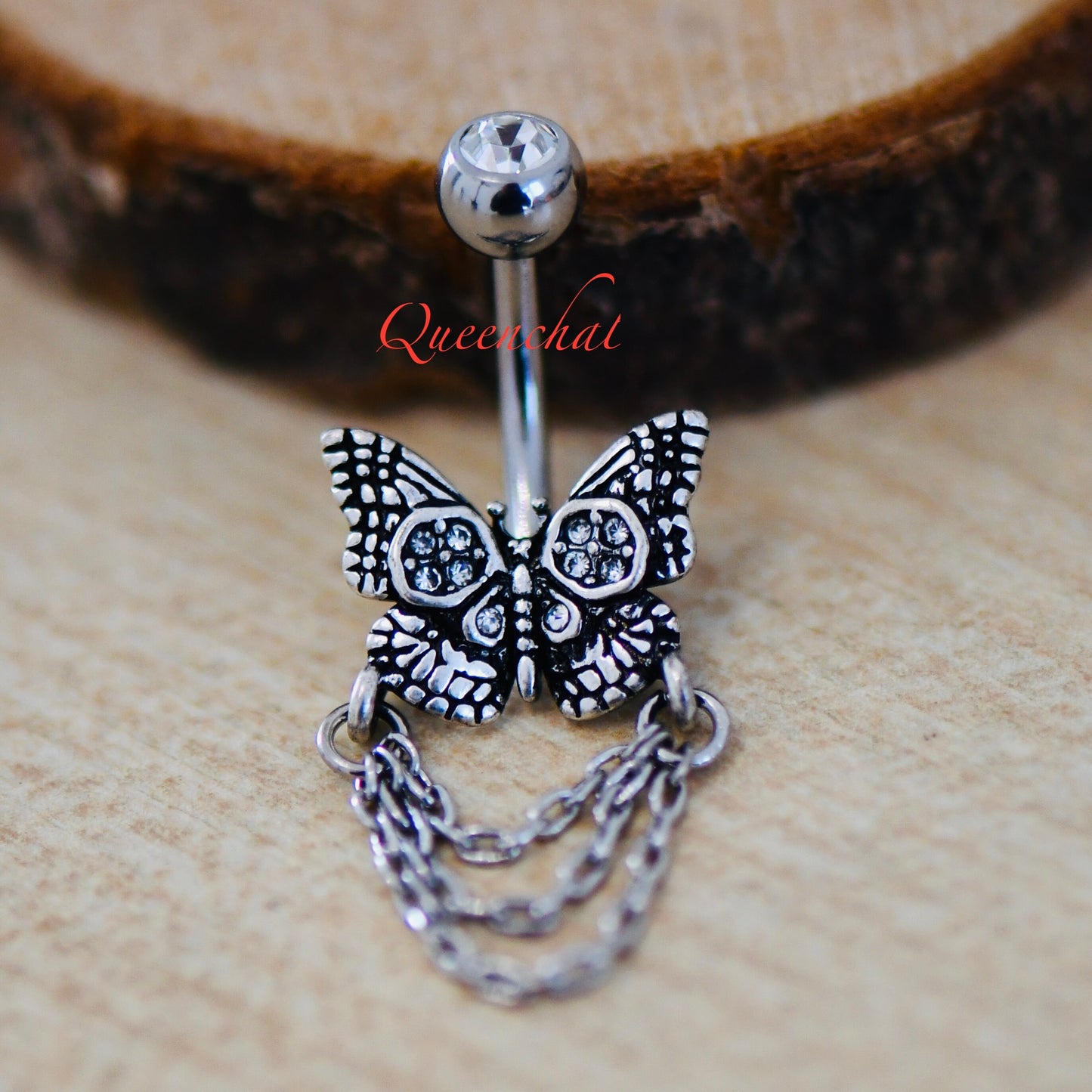 316L Surgical Steel 14G CZ Butterfly With Chain Belly Bar, Navel Ring