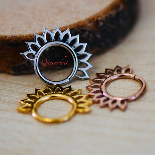 16G 316L Surgical Steel Lotus Flower Petals Septum Ring Cartilage Piercing Earring Daith Clicker Hinged Segment Ring