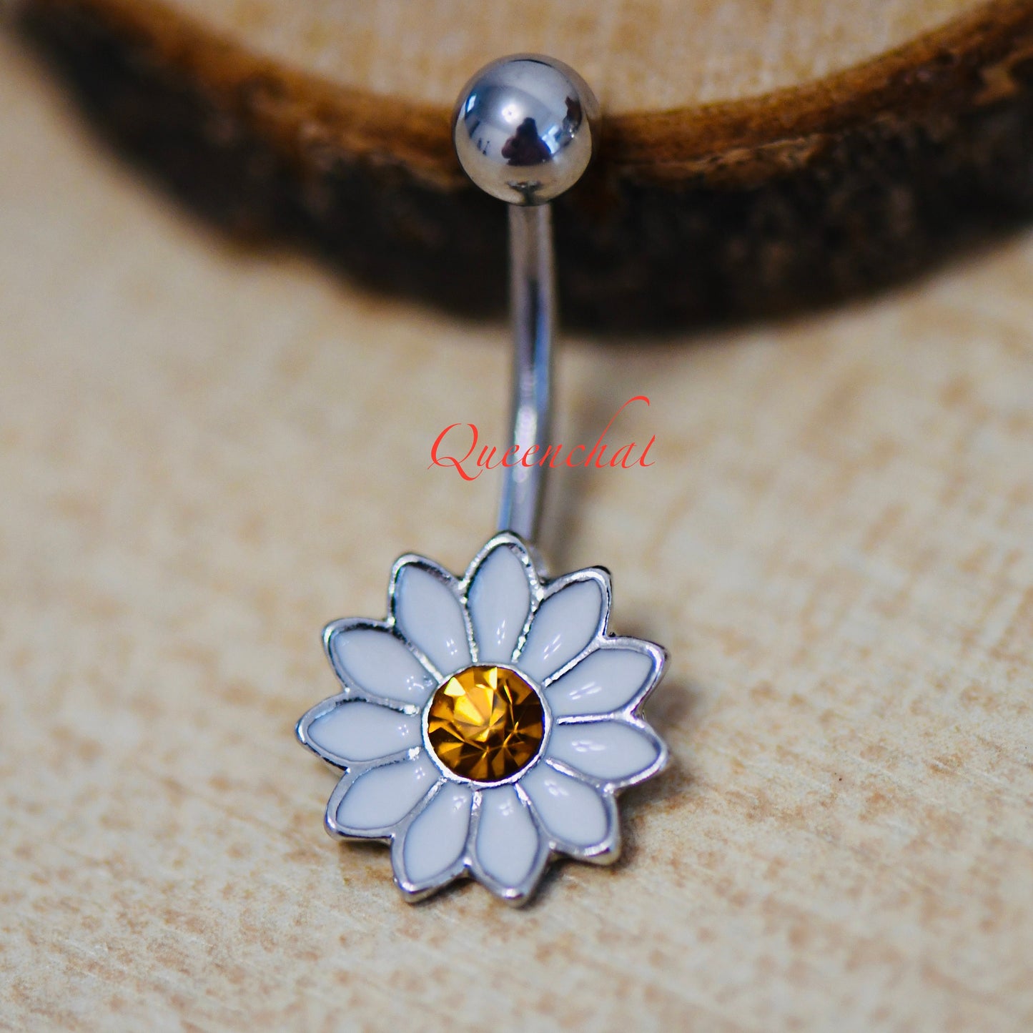 316L Surgical Steel 14G White Daisy Flower Belly Bar, Navel Ring Belly Piercing Jewellery