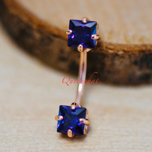 16G 316L Surgical Steel Square Dark Purple Blue CZ Navel Ring Belly Bar Belly Piercing Jewellery Birthstone Belly Button Ring