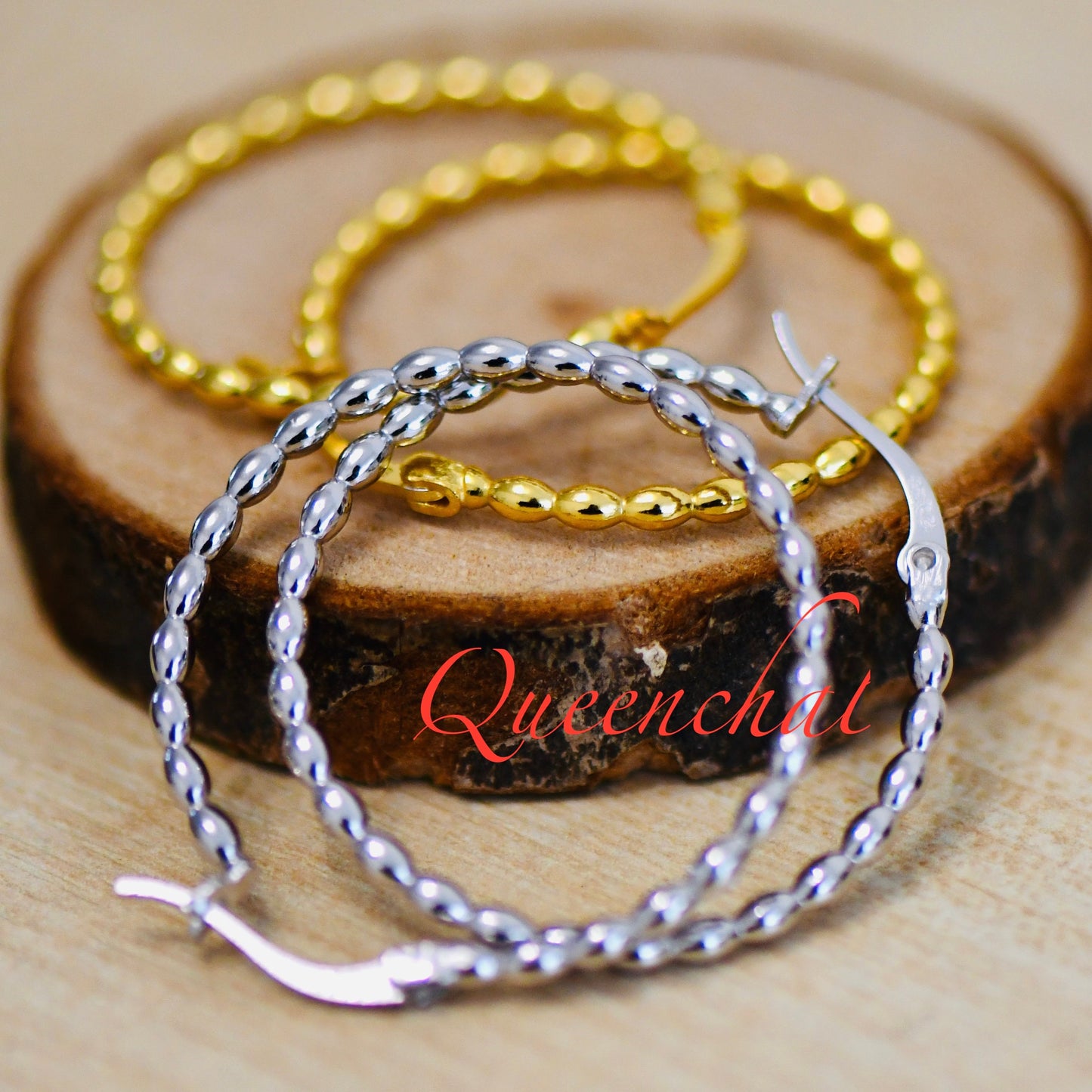 S925 Sterling Silver Beaded Large Hoop Earring, Gold, Silver Hoops