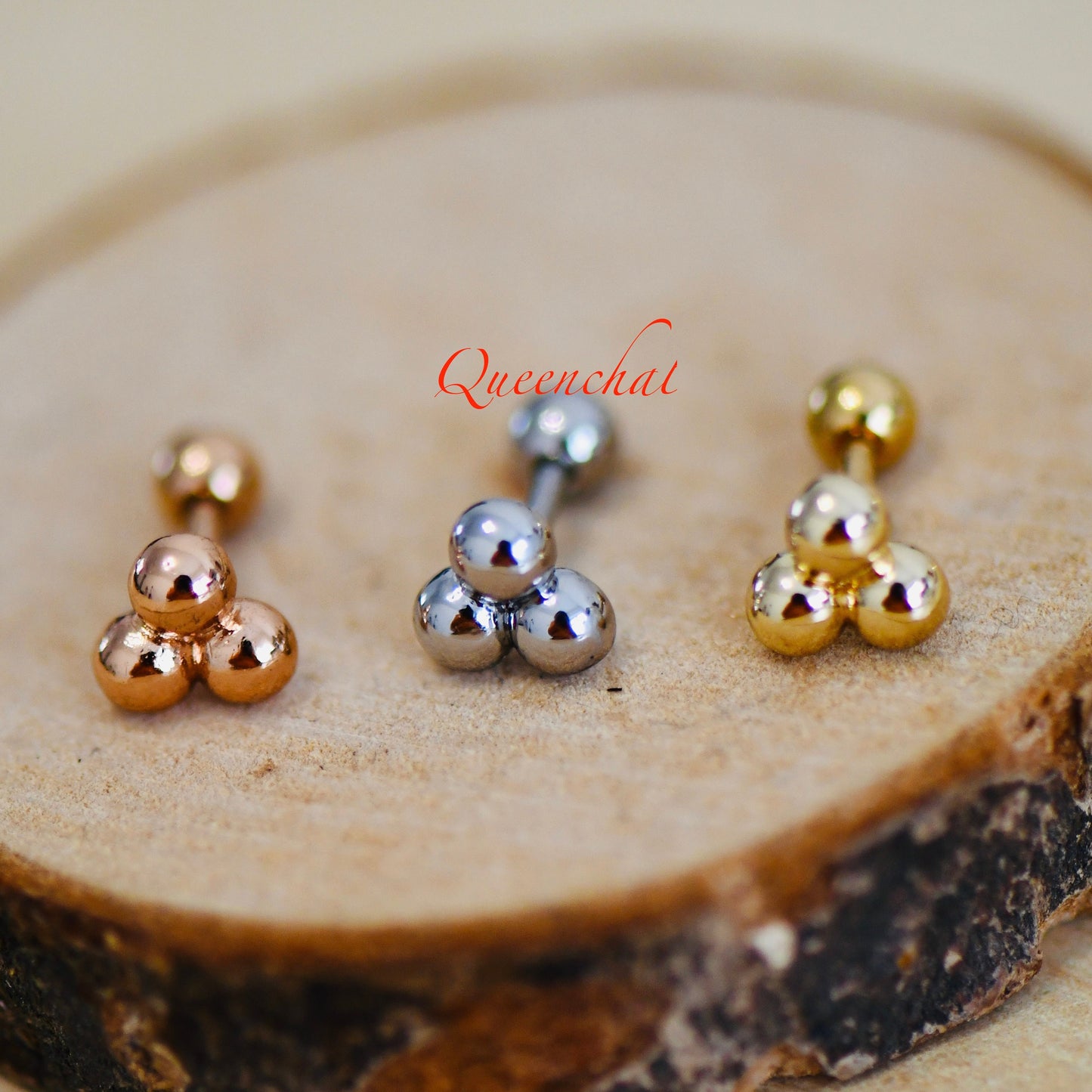 16G 316L Surgical Steel Three Beads Triangular Stud Earring, Cartilage Stud Body Piercing Jewellery Lobe Earring