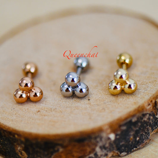 16G 316L Surgical Steel Three Beads Triangular Stud Earring, Cartilage Stud Body Piercing Jewellery Lobe Earring