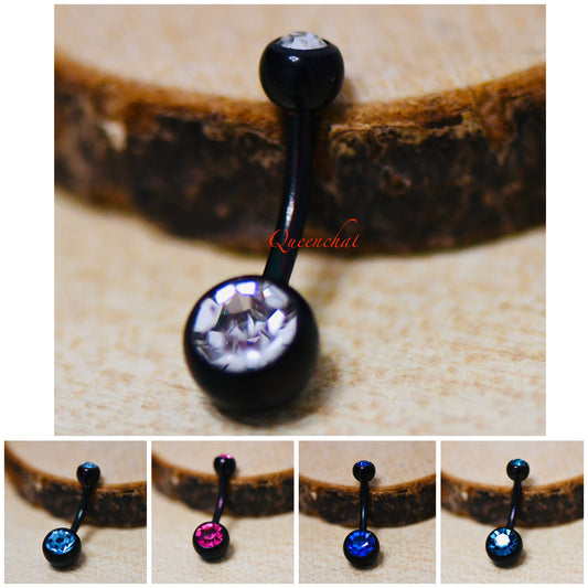 14G 316L Surgical Steel Double Jewelled Belly Bar Double Gem Navel Ring Belly Button Bar Black Belly Bar
