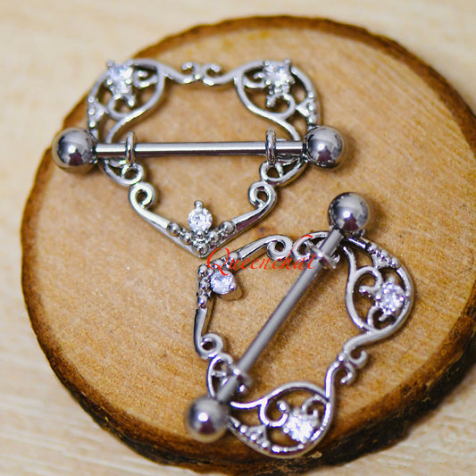 316L Surgical Steel 14G Hearts Nipple Ring Floral Nipple Bars