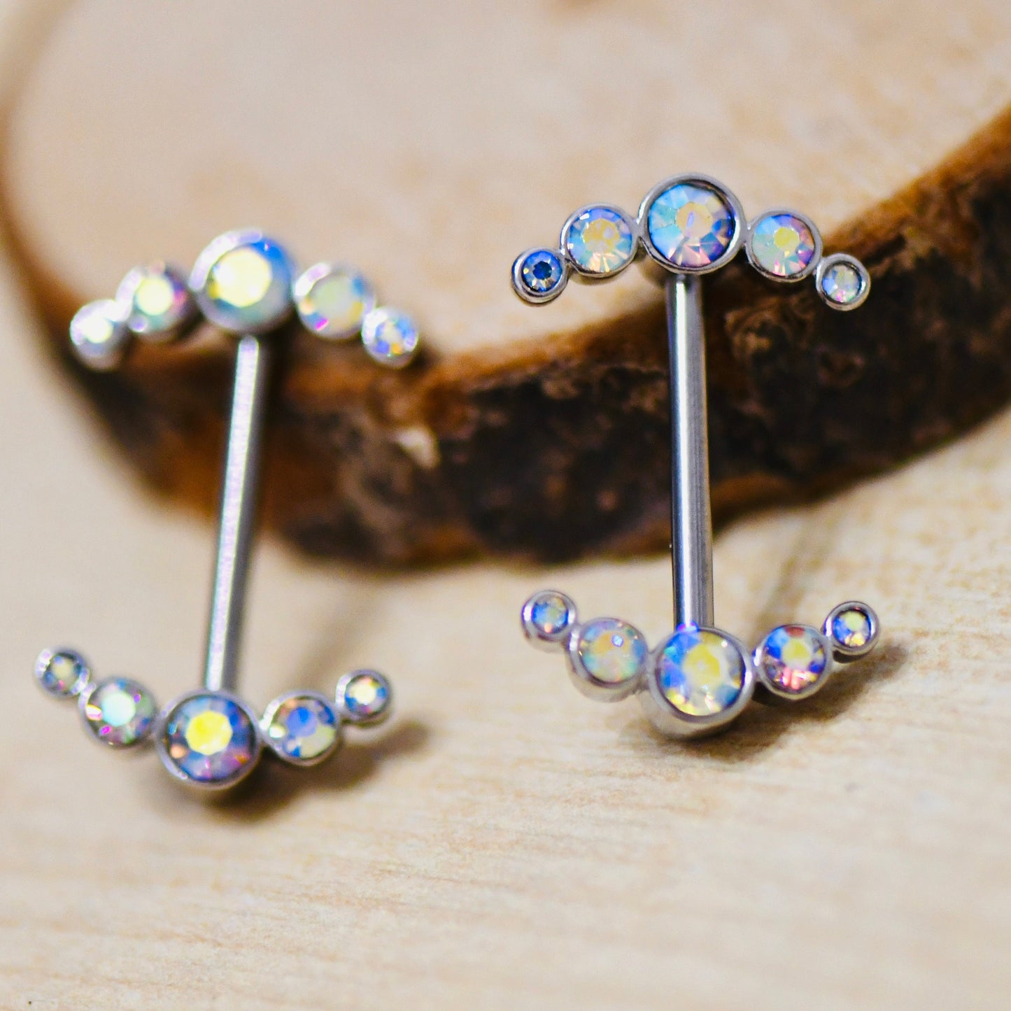 316L Surgical Steel 14G AB Rainbow CZ Curve Ends Nipple Bars