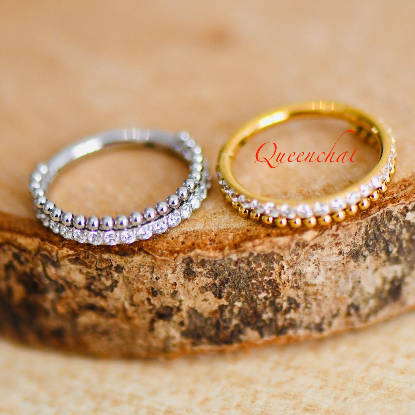 16G 316L S/S Beaded and CZ Hinged Segment Ring Conch Ring, Lobe Ring 10mm Gold, Silver Clicker Ring