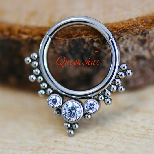 316L Surgical Steel 16G Sparkling V Shape CZ and Beaded Design Nose Ring Septum Clicker Cartilage Ring Hinged Segment Ring