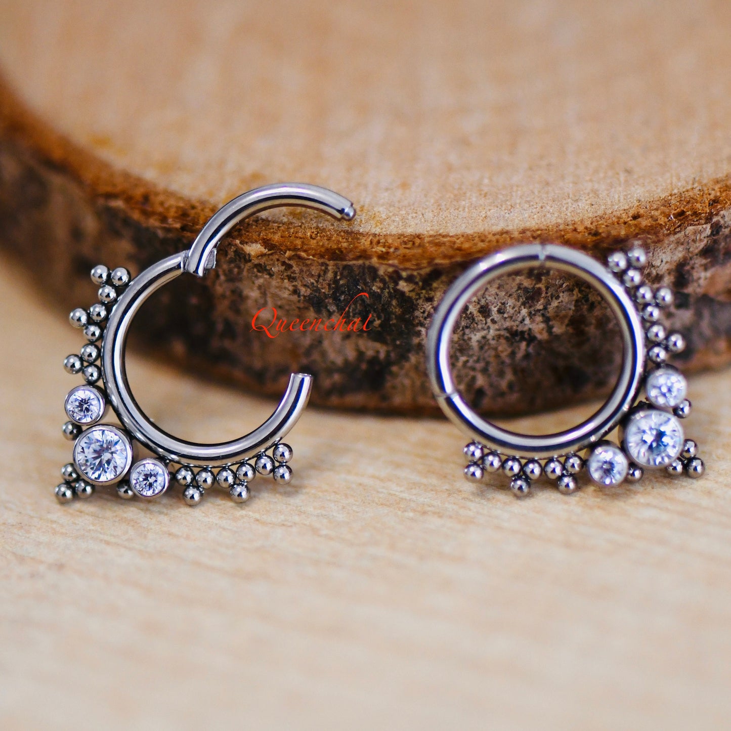 316L Surgical Steel 16G Sparkling V Shape CZ and Beaded Design Nose Ring Septum Clicker Cartilage Ring Hinged Segment Ring