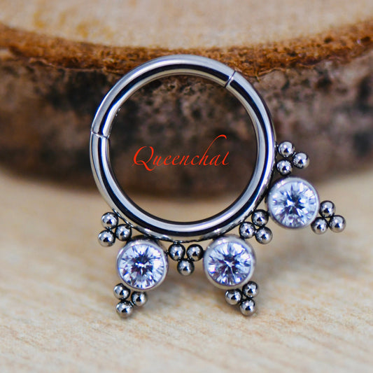 316L Surgical Steel 16G Sparkling CZ and Beaded Design Nose Ring Septum Clicker Cartilage Ring Hinged Segment Ring