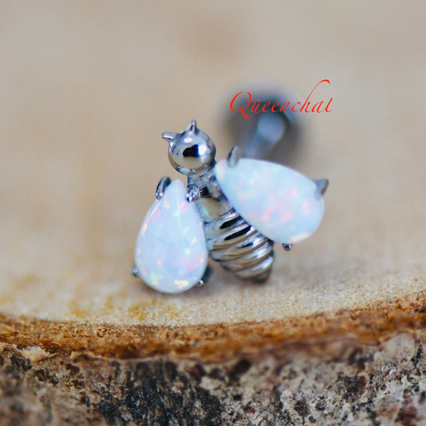 16G, F316 Titanium Opal Bee Labret Internally Threaded 8mm Bar
