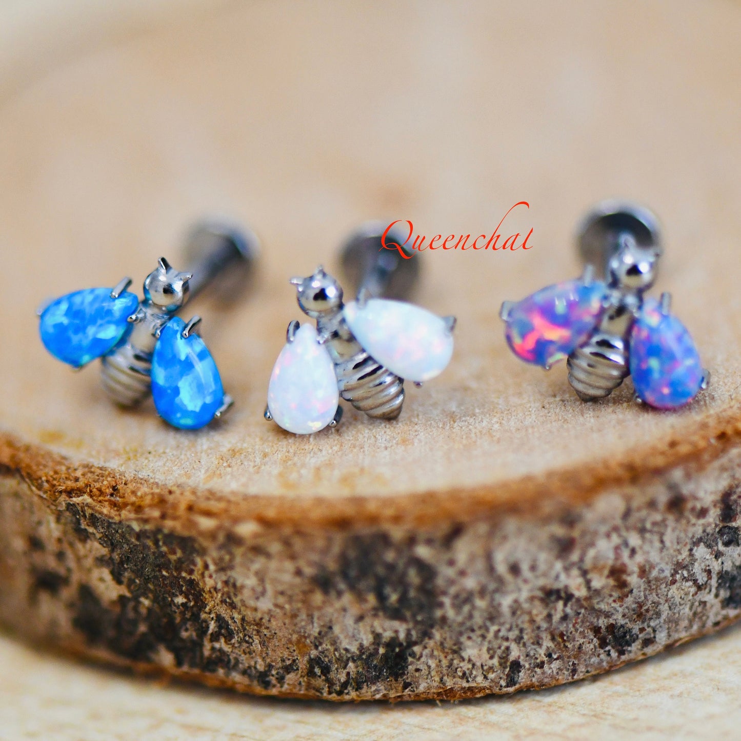 16G, F316 Titanium Opal Bee Labret Internally Threaded 8mm Bar