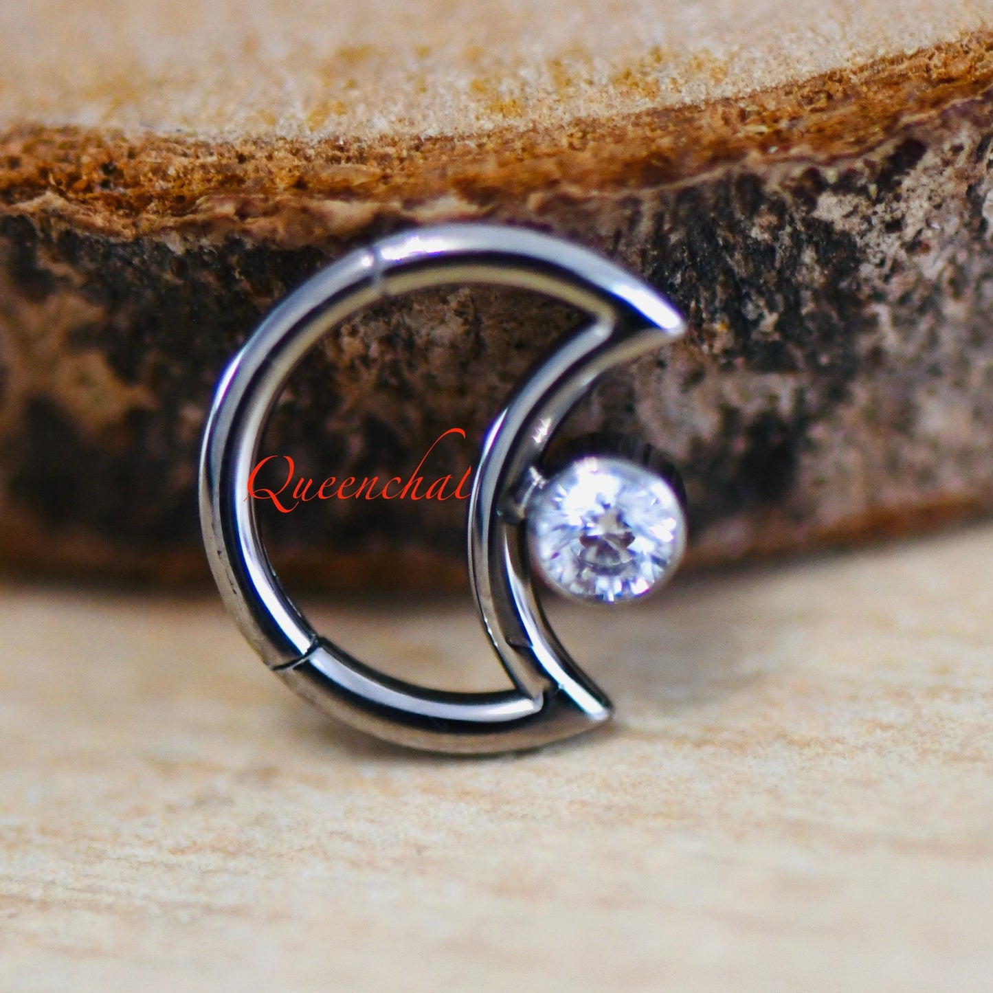 316L Surgical Steel 16G Sparkling CZ Moon Daith, Rook Piercing Cartilage Ring Hinged Segment Ring