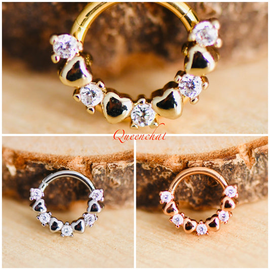 16G 316L Surgical Steel Heart and CZ Design Septum Segment Cartilage Piercing Earring Gold Silver Rose gold Clicker Daith Ring Earring