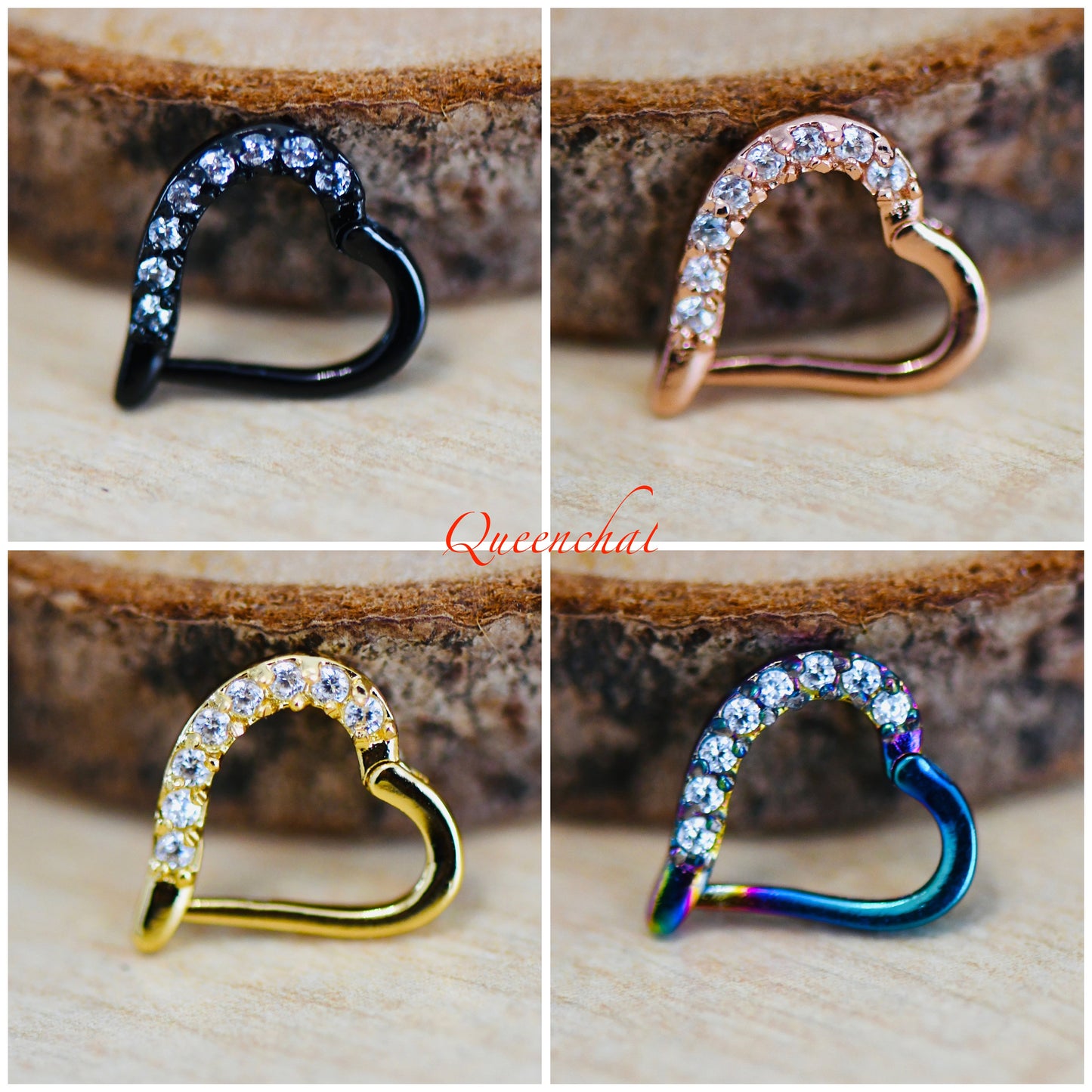 16G 316L Surgical Steel Clear CZ Pave Septum Heart Segment Cartilage Piercing Earring Gold Silver Black Rainbow Heart Clicker Daith Ring