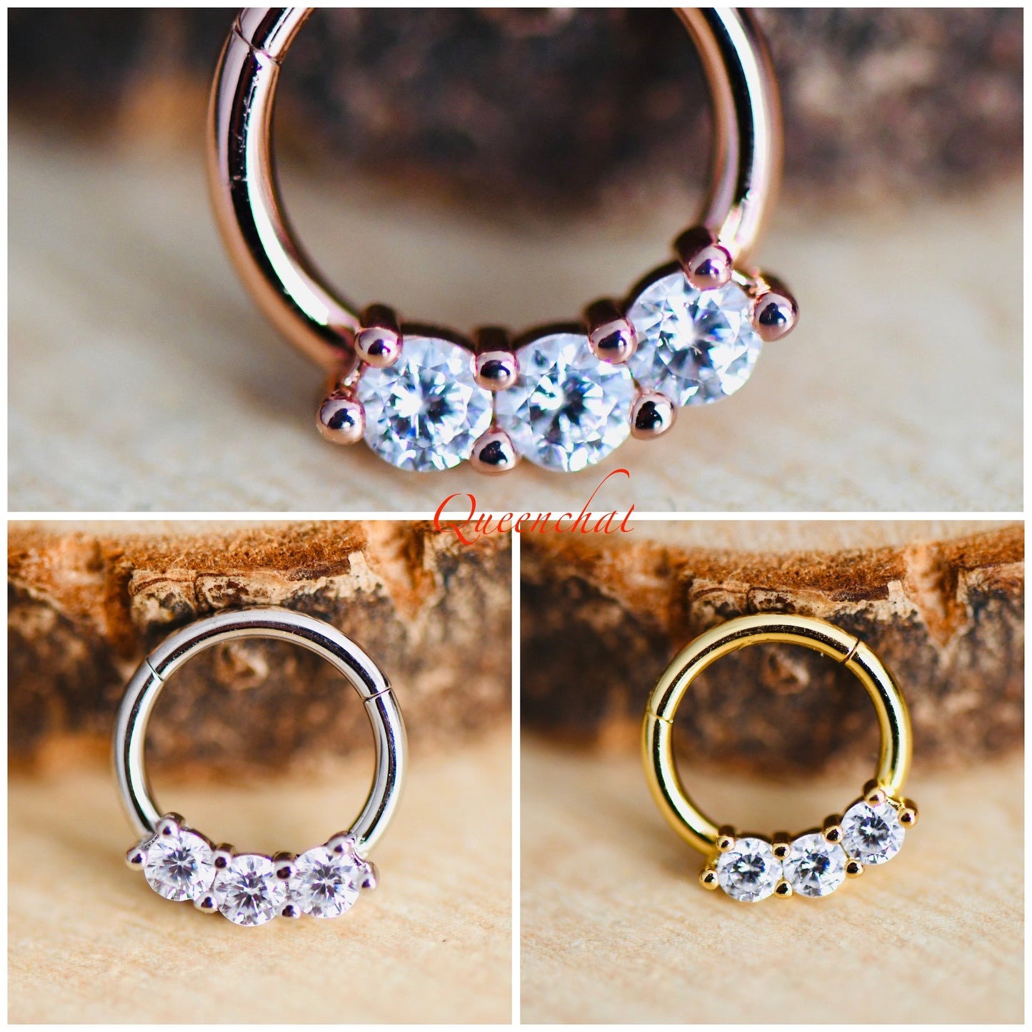 16G 316L Surgical Steel Three CZ Septum Segment Cartilage Piercing Earring Gold Silver Clicker Rook, Daith Ring Earring