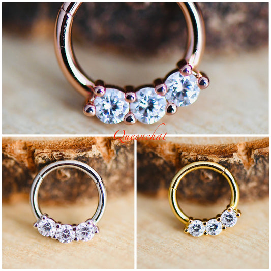 16G 316L Surgical Steel Three CZ Septum Segment Cartilage Piercing Earring Gold Silver Clicker Rook, Daith Ring Earring