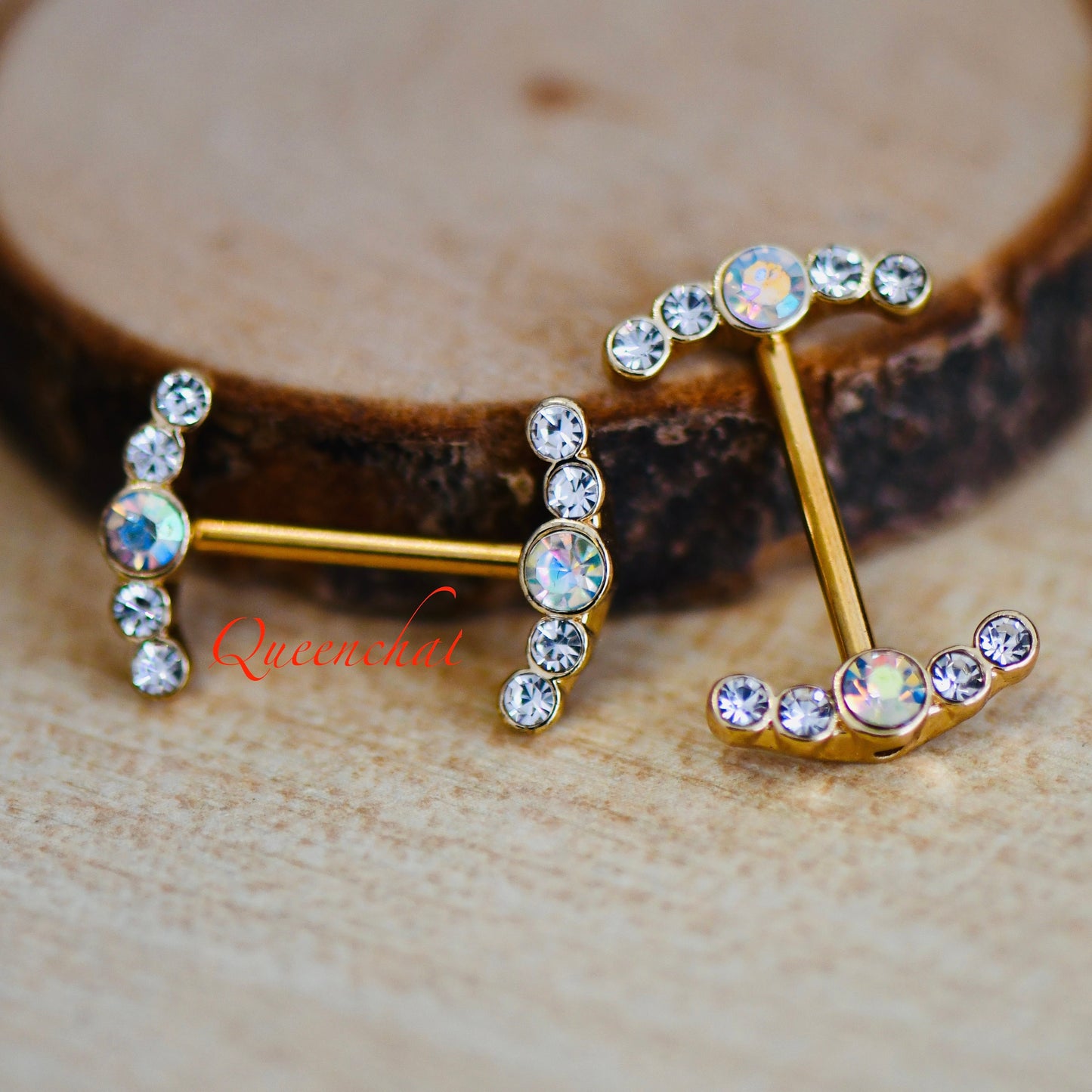 316L Surgical Steel 14G AB Rainbow CZ Curve Ends Gold Nipple Bars