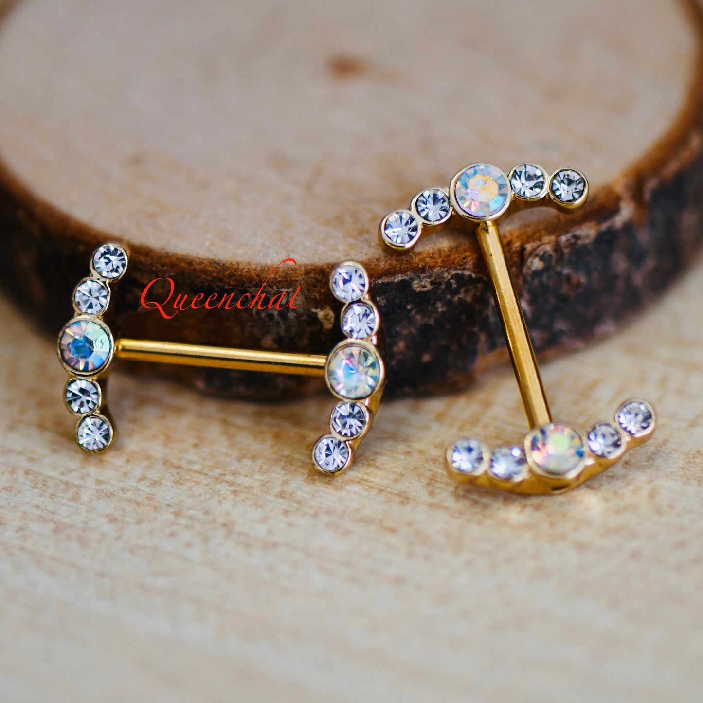 316L Surgical Steel 14G AB Rainbow CZ Curve Ends Gold Nipple Bars