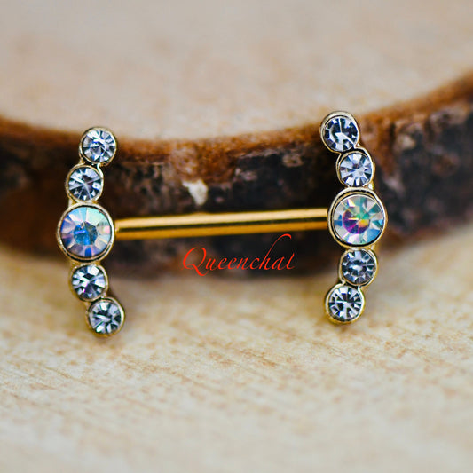 316L Surgical Steel 14G AB Rainbow CZ Curve Ends Gold Nipple Bars