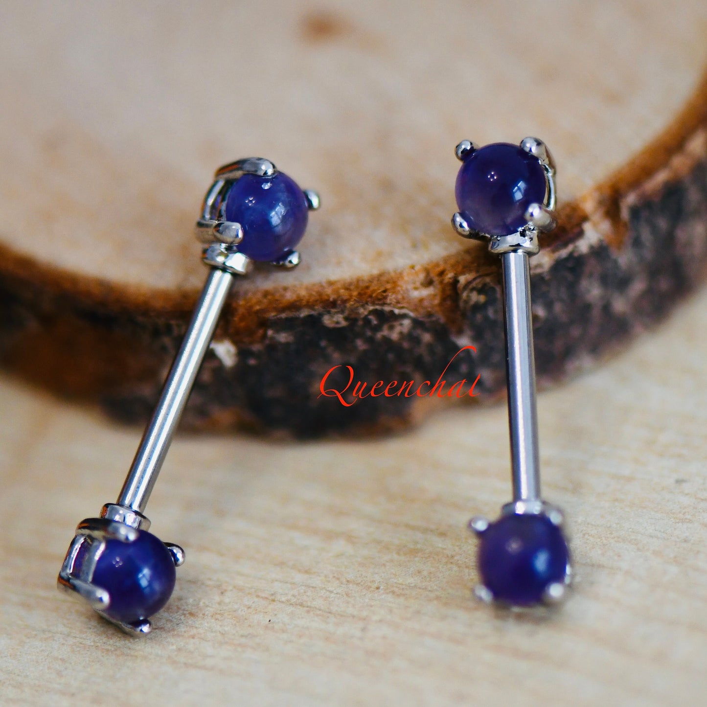 316L Surgical Steel 14G Purple Moonstone Silver Nipple Bars