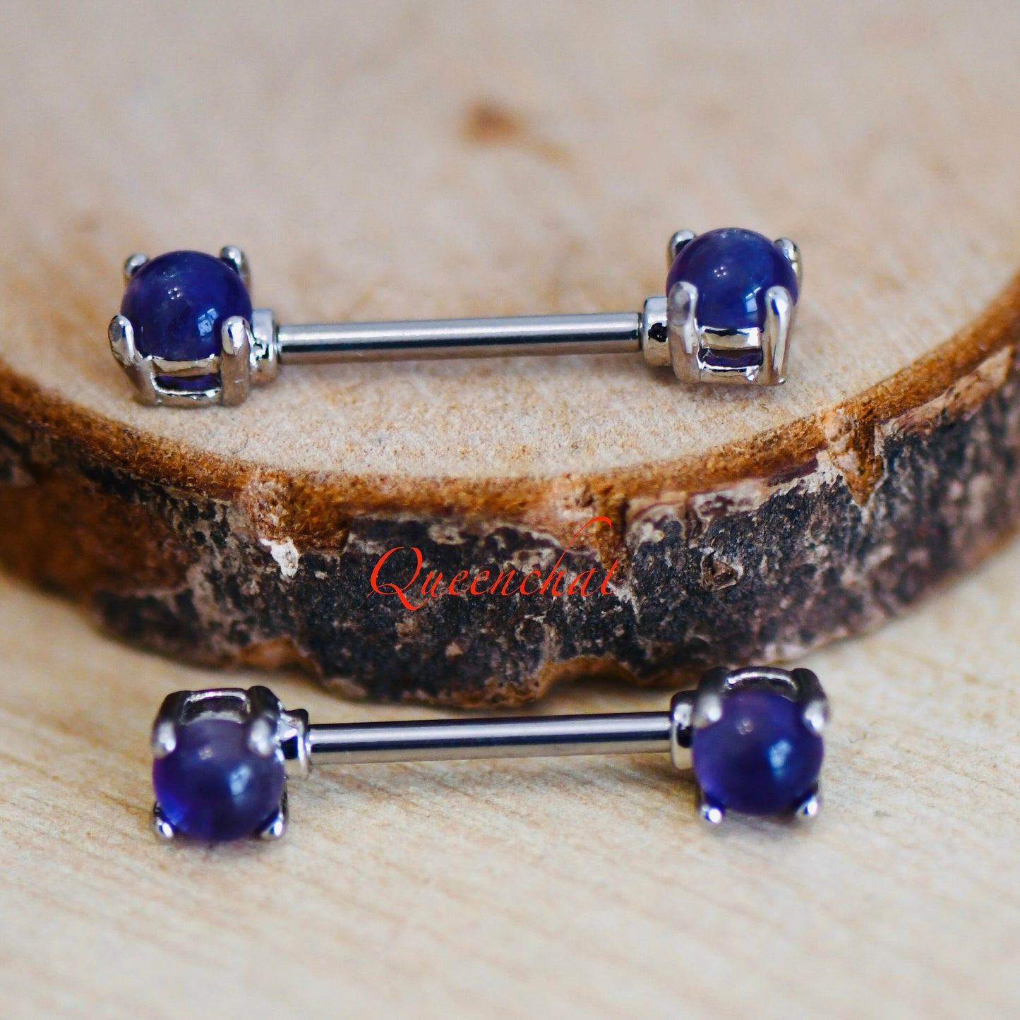 316L Surgical Steel 14G Purple Moonstone Silver Nipple Bars