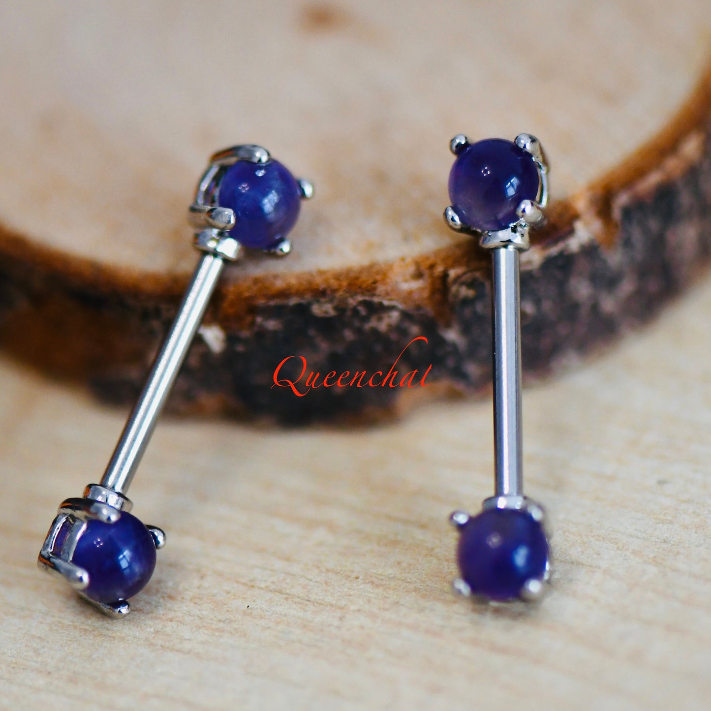 316L Surgical Steel 14G Purple Moonstone Silver Nipple Bars