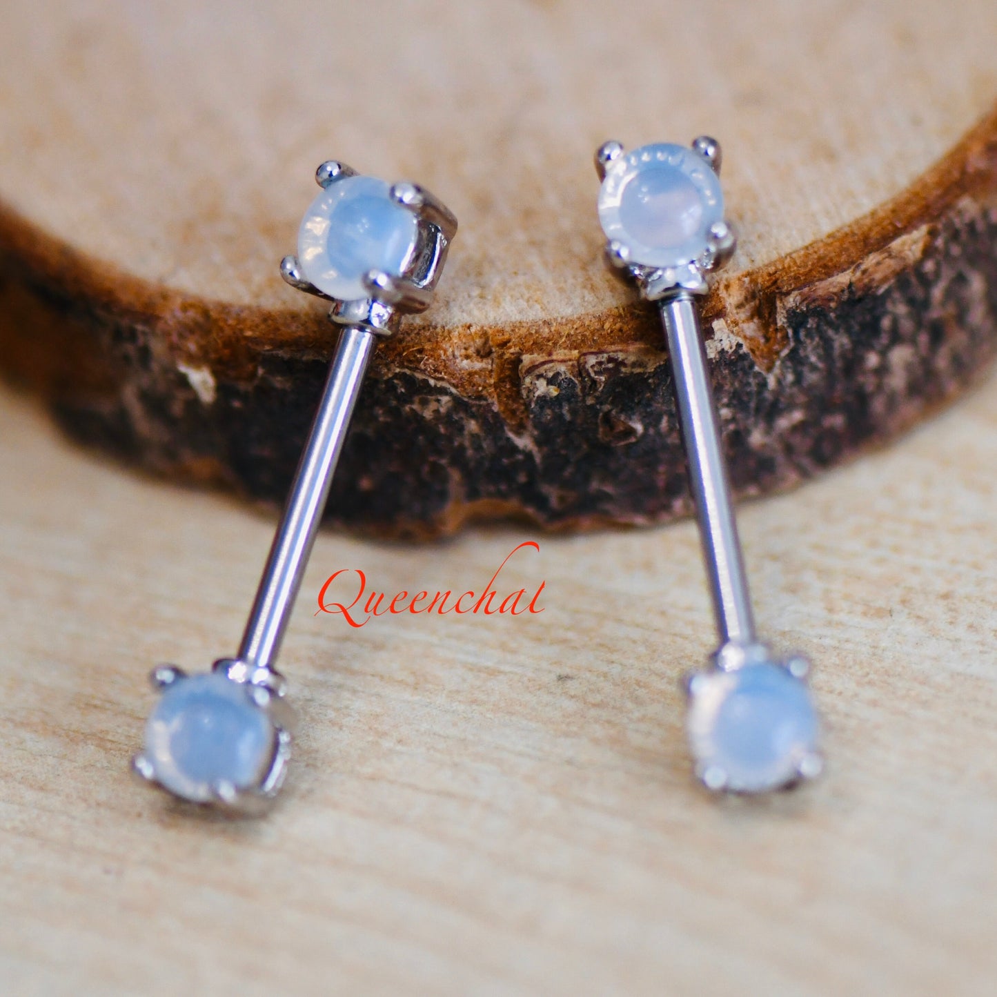 316L Surgical Steel 14G White Moonstone Silver Nipple Bars