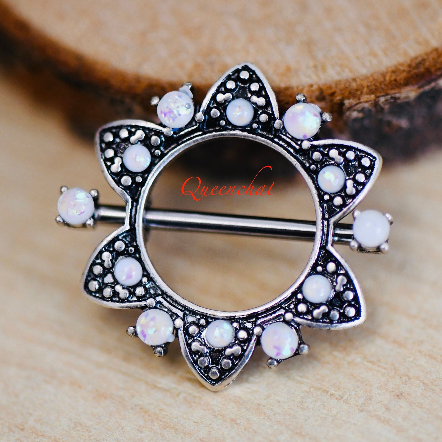 316L Surgical Steel 14G White Opal Nipple Ring Silver Nipple Bars
