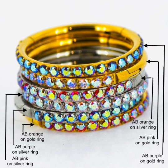 16G 316L S/S AB Purple, Pink, Orange CZ Segment Ring Conch, Septum, Nose, Helix Ring Gold Silver 6,8,10mm Piercing Ring