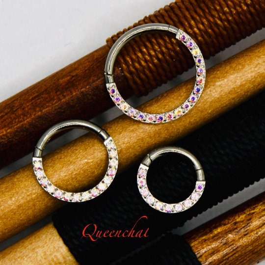 16G AB CZ Segment Ring Daith/Septum Ring Hinged Clicker Ring Red Blue Green CZ Septum Ring