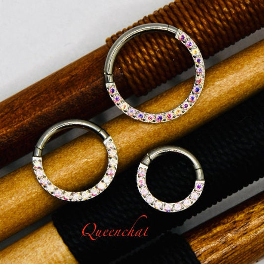 16G AB CZ Segment Ring Daith/Septum Ring Hinged Clicker Ring Red Blue Green CZ Septum Ring