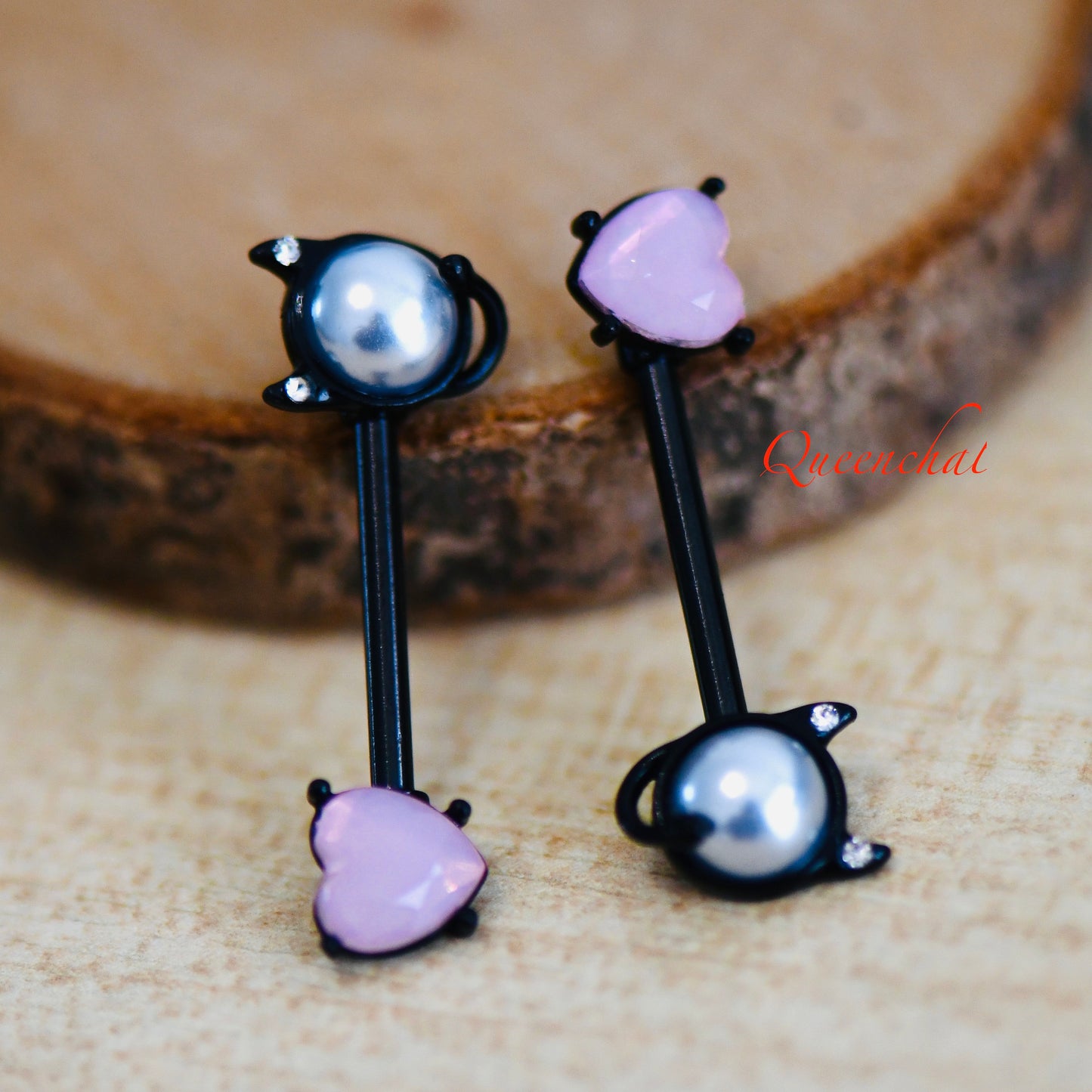 316L Surgical Steel 14G Pearl Cat And Pink Crystal Heart Black Nipple Bars