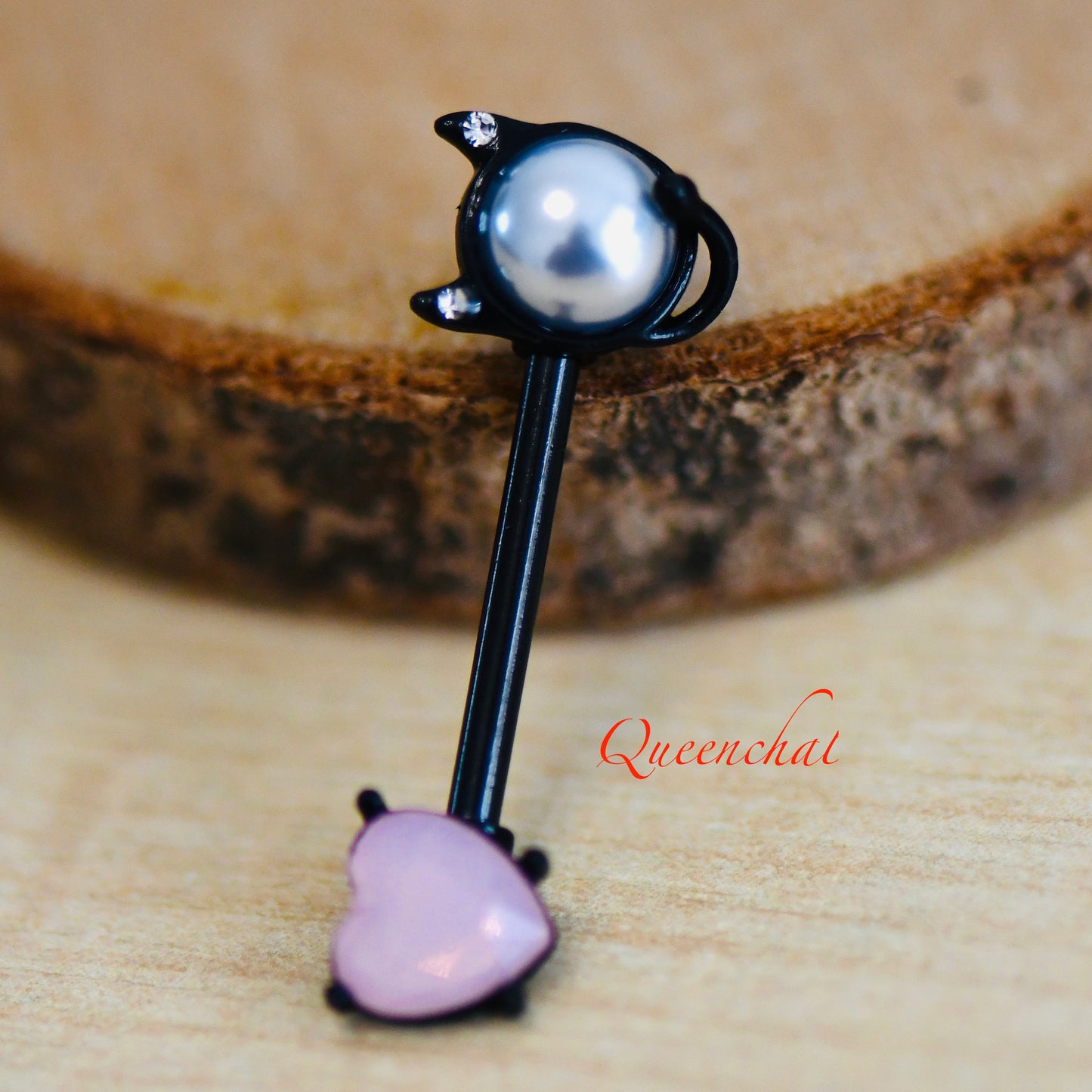 316L Surgical Steel 14G Pearl Cat And Pink Crystal Heart Black Nipple Bars