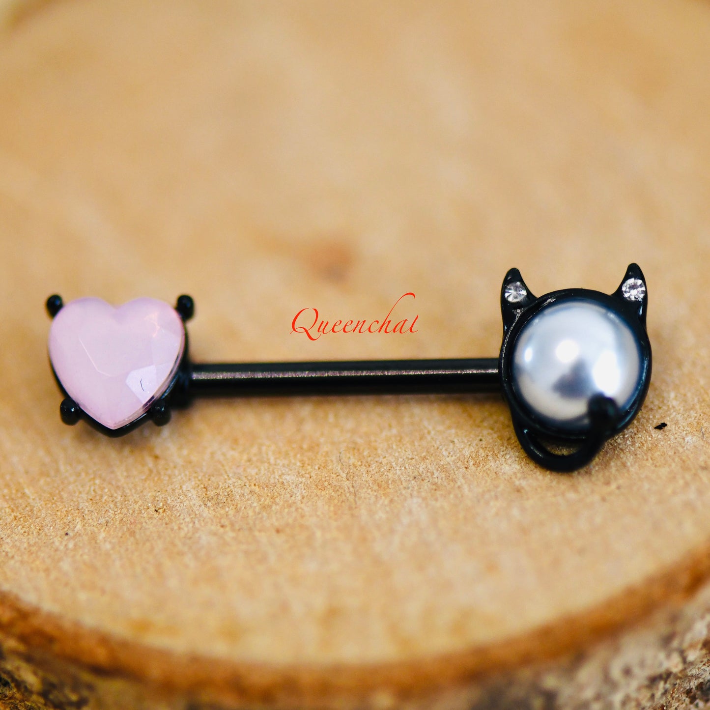 316L Surgical Steel 14G Pearl Cat And Pink Crystal Heart Black Nipple Bars