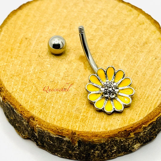 316L Surgical Steel 14G Yellow Sun Flower Belly Bar, Navel Ring Belly Piercing Jewellery