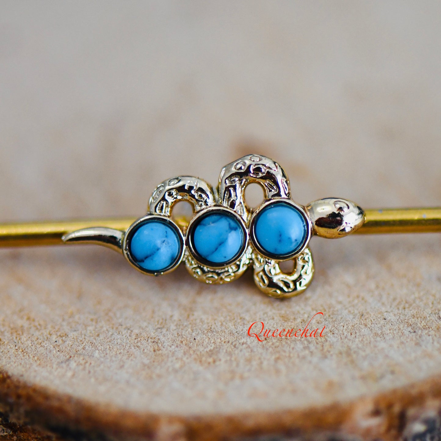 14G 316L Surgical Steel Golden Snake With Blue Turquoise Industrial Barbell Long Barbell Ear Piercing