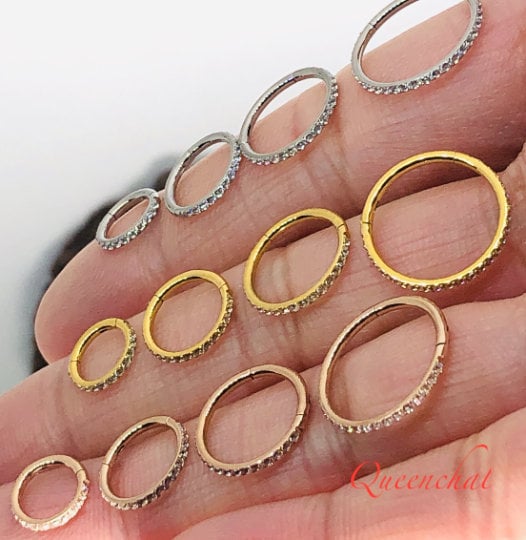 F136 Titanium 16G CZ micro pave Segment Ring Hinged Septum Clicker Ring Conch Tragus Helix Hoop