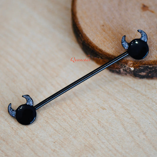14G 316L Surgical Steel Black Devil Head With Glittered Horns Industrial Barbell Long Barbell Ear Piercing