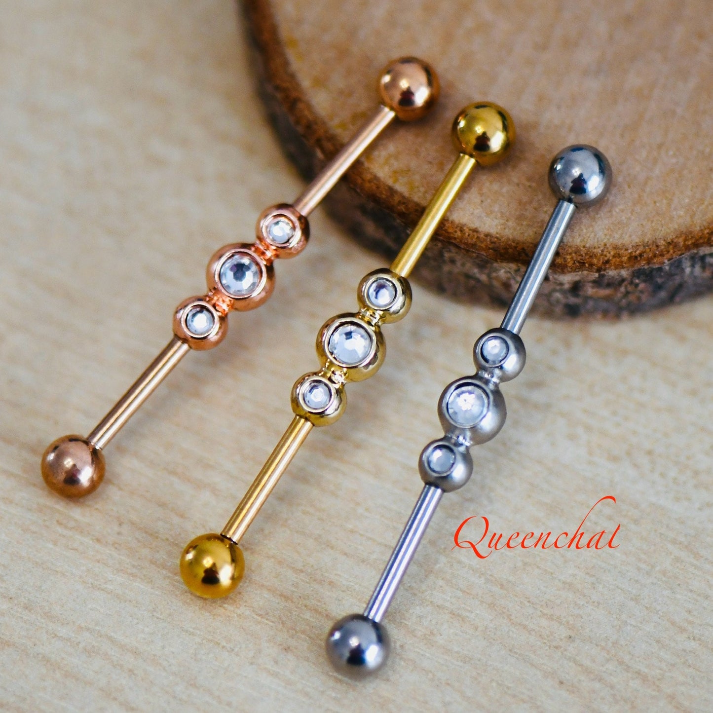 14G 316L Three CZ Industrial Barbell Long Barbell Ear Piercing