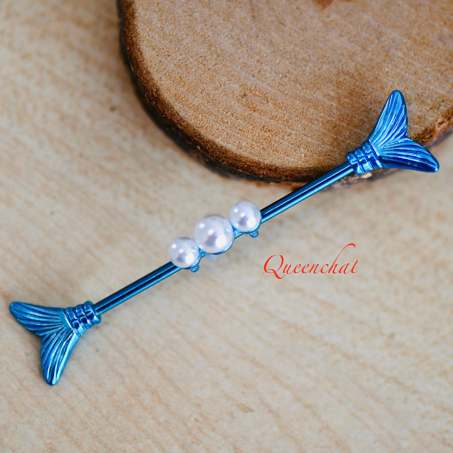14G 316L Three Pearls With Mermaid Tails Blue Industrial Barbell Long Barbell Ear Piercing