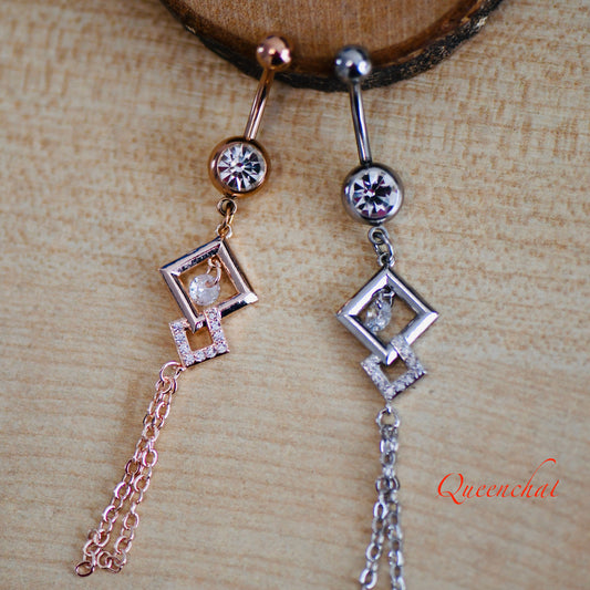 316L Surgical Steel 14G Entwined Diamond Shapes Dangling Belly Bar