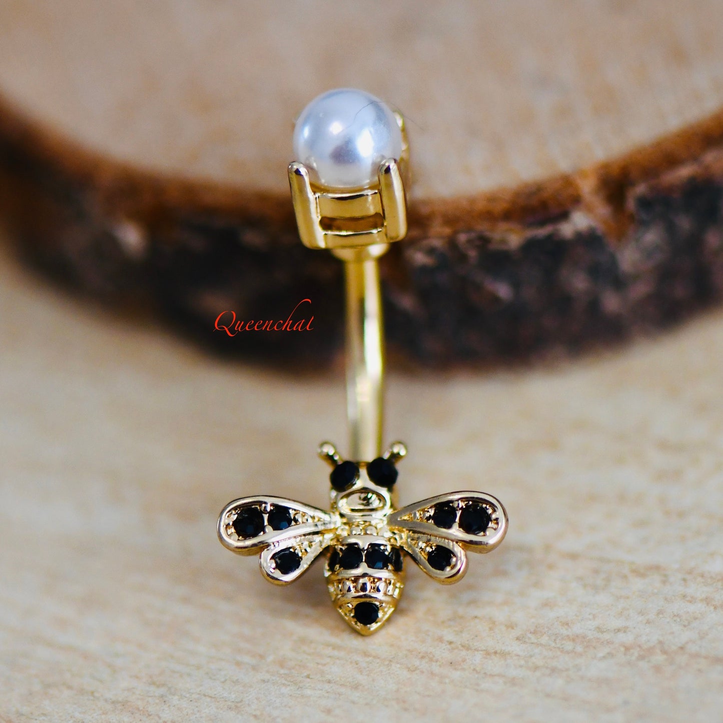14G 316L Surgical Steel Golden & Black Bee With Pearl Belly Bar Navel Ring Navel Piercing Jewellery